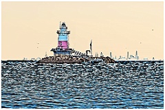 Tilted Lighthouse in Front of City Skyline at Sunset - Illus.